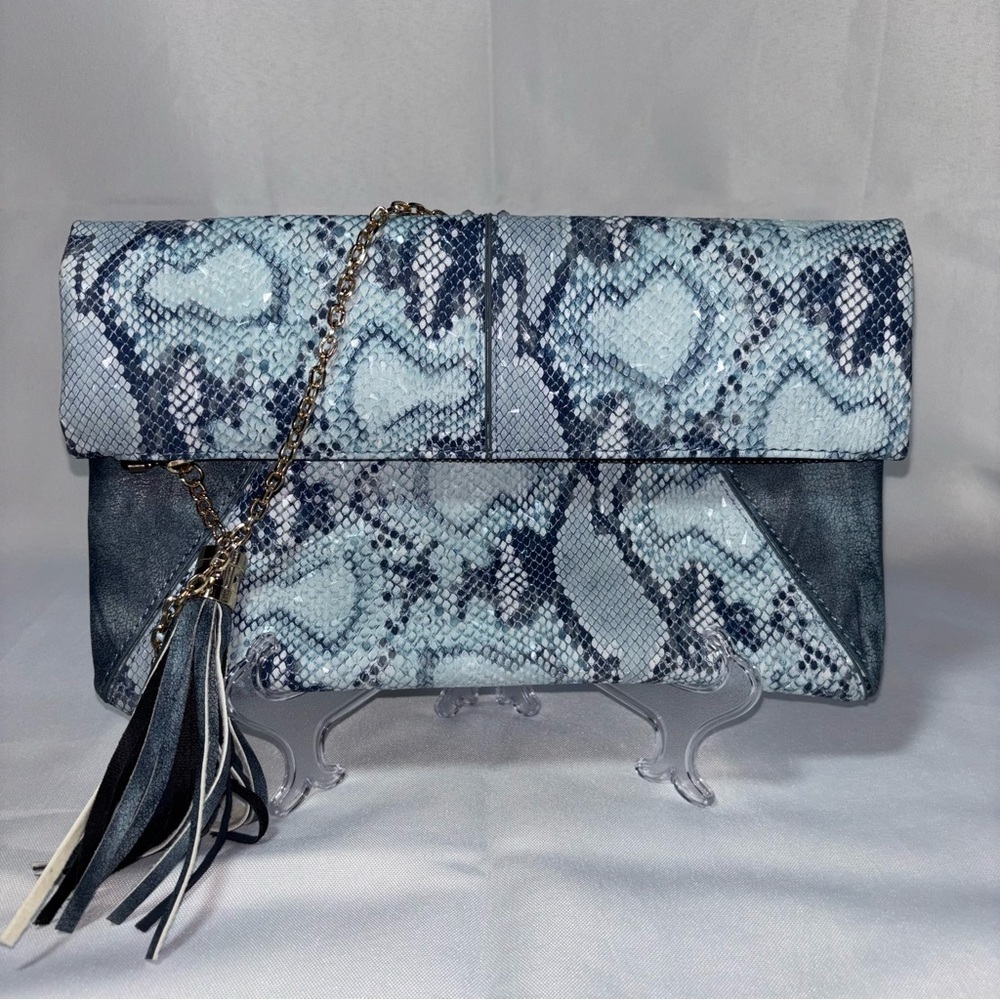 Elegant Blue Snake Print Flap Clutch Shoulder Bag